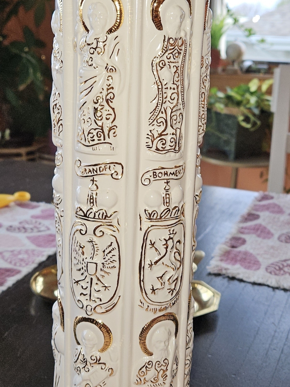 Vintage German Religious Art Ceramic Tower Totem 12 Apostles Coats of Arms